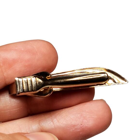 Silver Tone Tie Clip Red Rhinestone 1.5" Vtg - Picture 2 of 3